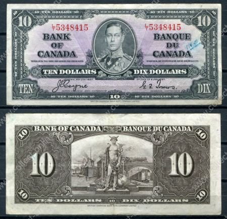 Канада 1937 г. • P# 61c • 10 долларов • Георг VI • Coyne-Towers • регулярный выпуск • XF*