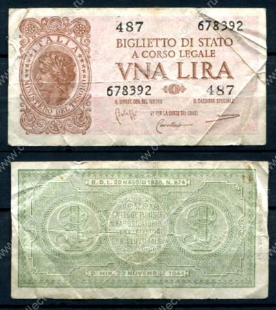 Италия 1944 г. • P# 29b • 1 лира • "Италия" • регулярный выпуск • F-VF