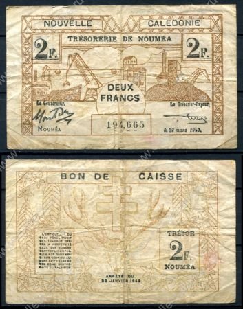 Новая Каледония 1943г. P# 56b / 2 франка / F
