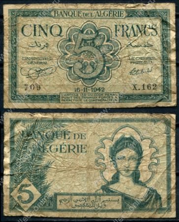 Алжир 1942 г. • P# 91 • 5 франков • девушка • регулярный выпуск • VG