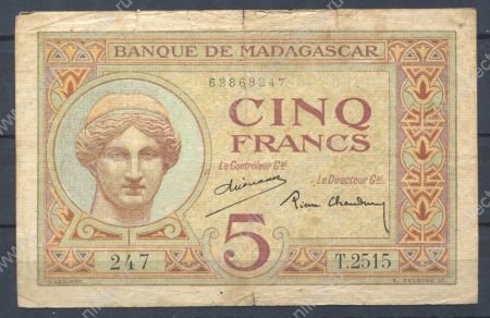 Мадагаскар 1937 г. • P# 35 • 5 франков • богиня Юнона • регулярный выпуск • F