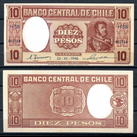 Чили 1946 г. • P# 103 • 10 песо • Мануэль Бульнес • регулярный выпуск • UNC пресс