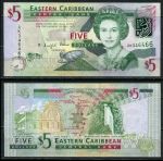 Восточные Карибы 2008 г. • P# 47 • 5 долларов • Елизавета II • адмиральский дом, водопад • серия AK • UNC пресс ( кат. - $11 )