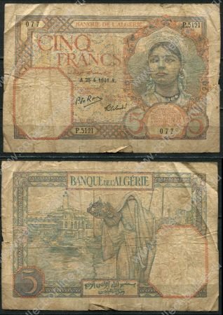 Алжир 1941 г. • P# 77b • 5 франков • 25-4-1941 • девушка • регулярный выпуск • F