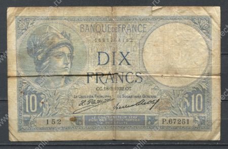 Франция 1932 г. (18-8) • P# 73d • 10 франков • богиня Минерва • крестьянка • регулярный выпуск • F-*