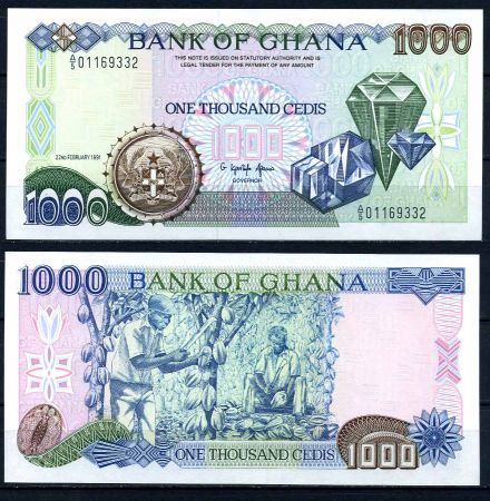 Гана 1991 г. • P# 29a • 1000 цеди • заготовка какао • регулярный выпуск • UNC пресс