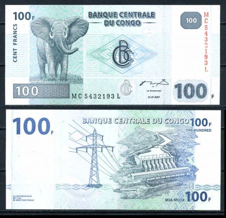 Демократическая Республика Конго 2007 г. • P# 98 • 100 франков • слон • регулярный выпуск • UNC пресс