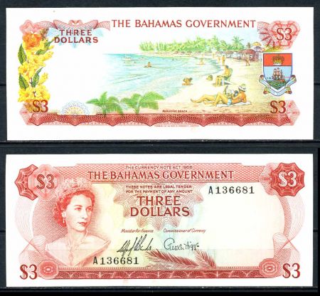 Багамы 1965 г. • P# 19a • 3 доллара • Елизавета II • пляж • регулярный выпуск • 2 подписи • UNC пресс ( кат. - $200 )
