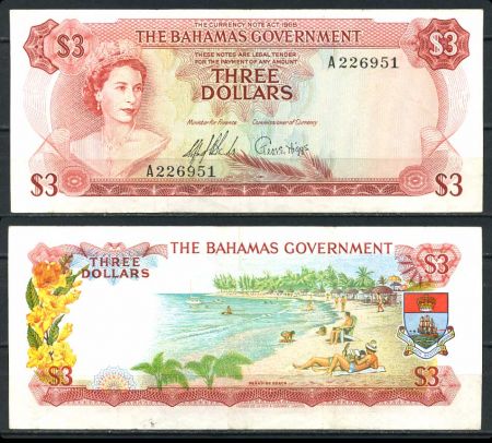Багамы 1965 г. • P# 19a • 3 доллара • Елизавета II • пляж • регулярный выпуск • 2 подписи • XF ( кат. - $45 )