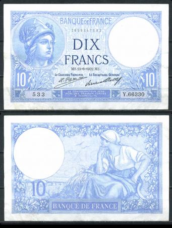 Франция 1932 г. • P# 73d • 10 франков • богиня Минерва • крестьянка • регулярный выпуск • AU