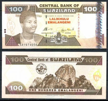 Свазиленд 1996 г. • P# 27 • 100 эмалангени • вождь Мсвати III • регулярный выпуск • UNC пресс