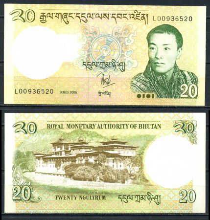 Бутан 2006 г. • P# 30 • 20 нгултрумов • король Джигме Кхесар Намгьял • Пунакха-дзонг • регулярный выпуск • UNC пресс