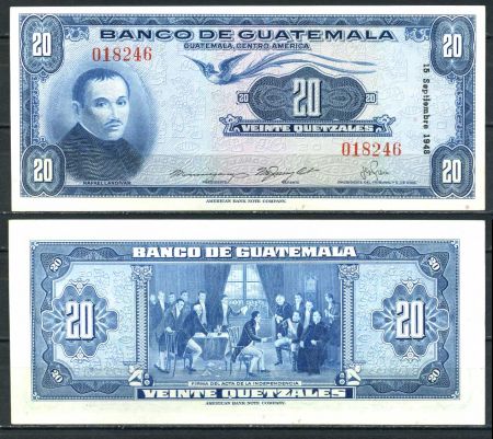Гватемала 1948 г. P# 27 • 20 кетcалей • Рафаэль Ландивар • регулярный выпуск • UNC пресс ®