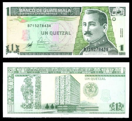 Гватемала 1998 г. P# 99 • 1 кетcаль • Генерал Орельяна • здание нацбанка • регулярный выпуск • UNC пресс