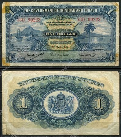 Тринидад и Тобаго 1942 г. • P# 5с • 1 доллар • парусники в порту • герб колонии • регулярный выпуск • VG-