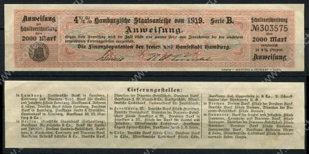 Гамбург 1919 г. • 2000 марок • муниципальный заем 4.5% • купон UNC пресс