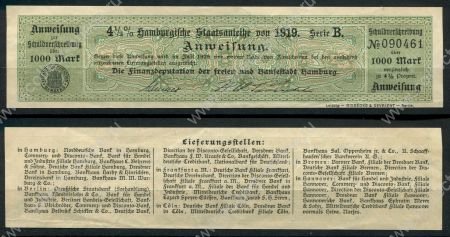 Гамбург 1919 г. • 1000 марок • муниципальный заем 4.5% • купон UNC* пресс