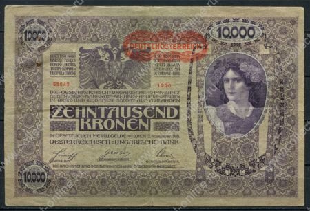 Австрия 1919 г. • P# 65 • 10000 крон • надпечатка "Deutschosterreich" • регулярный выпуск • XF **