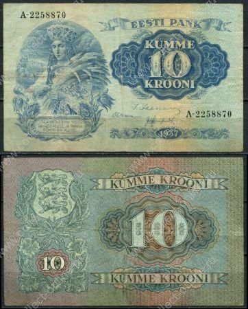 Эстония 1937 г. • P# 67 • 10 крон • девушка с серпом • регулярный выпуск • VF ( кат. - $ 20+ )
