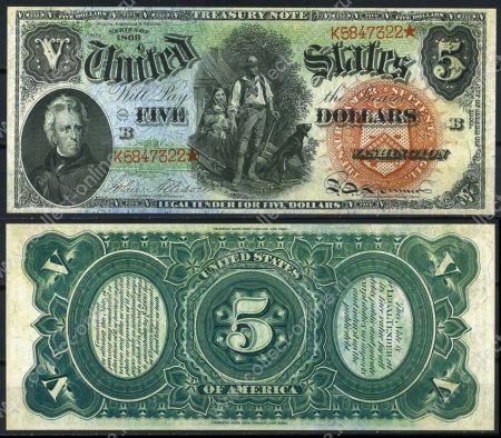 США 1869г. P# 146 • 5 долларов • президент Эндрю Джексон • копия • UNC пресс