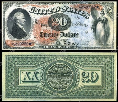 США 1869г. P# 148 • 20 долларов • Александр Гамильтон • копия • UNC пресс