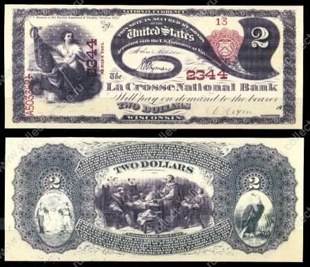 США штат Висконсин 1875г. • Ла-Кросс • Национальный Банк • 2 доллара • регулярный выпуск • копия • UNC пресс