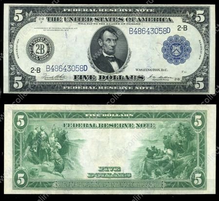 США 1914 г. • P# 359b • 5 долларов • Авраам Линкольн • регулярный выпуск(Вашингтон) • XF-AU