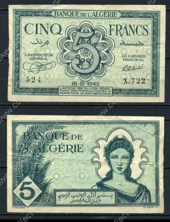 Алжир 1942 г. • P# 91 • 5 франков • девушка • регулярный выпуск • VF-