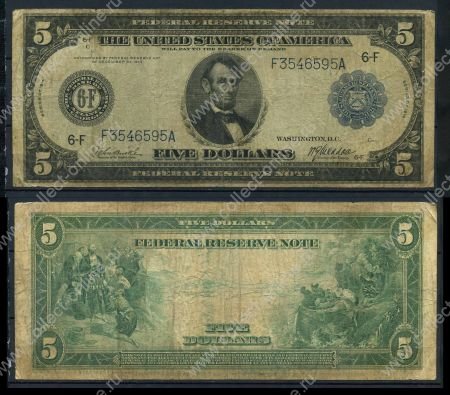 США 1914 г. • P# 359b • 5 долларов • Авраам Линкольн • регулярный выпуск(Вашингтон) • F-