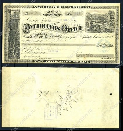 США • Невада 1880 г. • казначейский варрант Карсон-сити • шахта и поезд • XF+