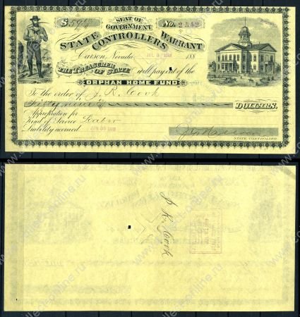США • Невада 1880 г. • казначейский варрант Карсон-сити • мэрия и старатель • XF+