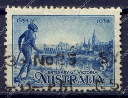Австралия 1934 г. • Gb# 148 • 3 d. • 100-летие штата Виктория • вид Мельбурна • Used VF ( кат.- £ 6 )