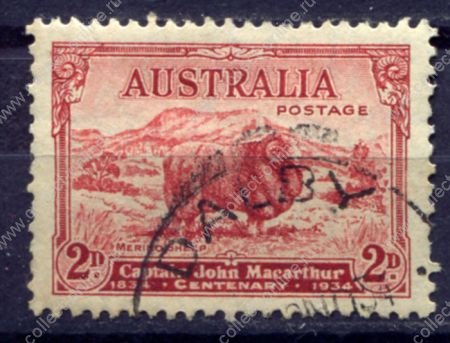Австралия 1934 г. • Gb# 150 • 2 d. • 100 лет со дня смерти капитана Макартура • овца • Used XF ( кат.- £ 1,5 )