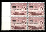 Сейшелы 1957 г. • Gb# 191 • 5 на 45 c. • Елизавета II • надпечатка нов. номинала • кв. блок • MNH OG XF