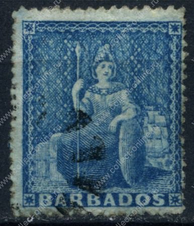 Барбадос 1861 г. GB# 18 • 1d. • "Британия" (голубая) • Used XF ( кат. - £80.00)