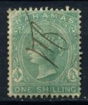 Багамы 1863-80 гг. Gb# 38 • 1sh. • королева Виктория (гашение пером) • зелен. • Used XF- ( кат.- £30 )