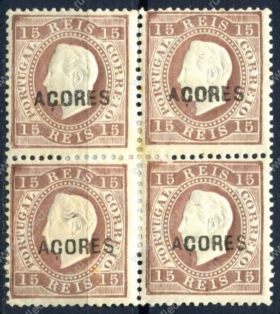 Азорские о-ва • 1875-1880 г. • SC# 33b • 15 r. • надпечатка • кв. блок • MH OG F-VF