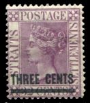 Стрейтс Сетлментс 1885 г. • Gb# 83 • 3 на 32 c. • Королева Виктория • надп. нов. номинала • стандарт • MH OG VF ( кат.- £5 )