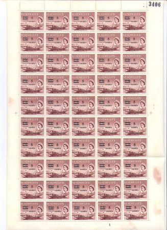 Сейшелы 1957 г. • Gb# 191+191a,b,c • 5 на 45 c. • Елизавета II • надпечатка нов. номинала • лист 50 марок • MNH OG VF
