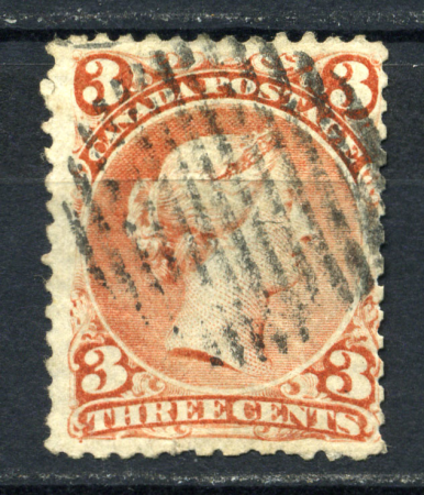 Канада 1868 г. • SC# 33 • 3 c. • королева Виктория • горизонт. верже • Used F-VF ( кат.- $2250 ) ®