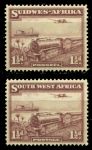 Юго-западная Африка 1937 г. • Gb# 96 • 1½ d.(2) • доп. выпуск (афр. + англ. текст) • паровоз, самолет, пароход • 2 марки • MNG VF