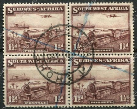 Юго-западная Африка 1937 г. • Gb# 96 • 1½ d.(4) • доп. выпуск (афр. текст) • паровоз, самолет, пароход • кв. блок(пары в паре) • Used VF ( кат.- £8,5+ )
