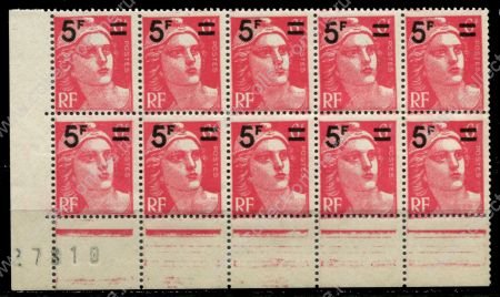 Франция 1949 г. • Mi# 833 • 5 на 6 fr. • Марианна • надпечатка нов. номинала • стандарт • блок 10 марок • MNH OG Люкс!!
