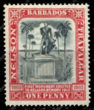 Барбадос 1906 г. • Gb# 147 • 1 d. • Адмирал Нельсон • 100 лет со дня рождения • памятник • MH OG VF ( кат.- £ 12 )