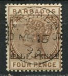 Барбадос 1892 г. Gb# 104 • ½ на 4 d. • Королева Виктория • надп. нов. номинала • стандарт • Used XF+ ( кат.- £6 )