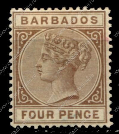 Барбадос 1882-1886 гг. Gb# 98 • 4 d. • Королева Виктория • коричн. • стандарт • MH OG VF ( кат.- £26 )