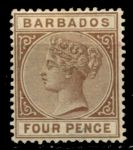 Барбадос 1882-1886 гг. Gb# 98 • 4 d. • Королева Виктория • коричн. • стандарт • MH OG VF ( кат.- £26 )