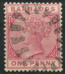 Барбадос 1882-1886 гг. Gb# 91 • 1 d. • Королева Виктория • розовая • стандарт • Used VF ( кат.- £3 )