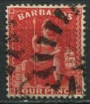 Барбадос 1875-1880 гг. • GB# 76 • 4 d. • "Британия" • (красная) перф. 14 • Used XF ( кат. - £15 )
