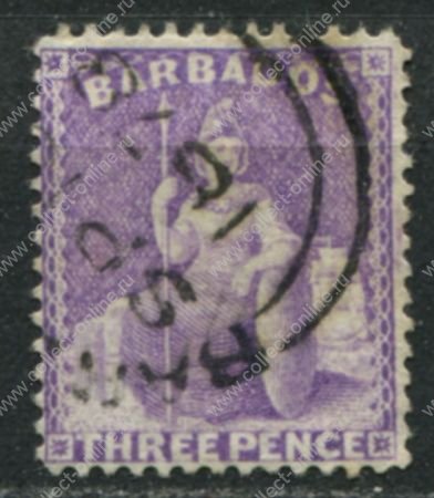 Барбадос 1875-1880 гг. • GB# 75 • 3 d. • "Британия" • (лиловая) перф. 14 • Used XF ( кат. - £15 )